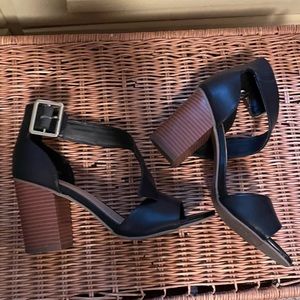 Women’s Heeled Sandals, Black Leather and Wooden Platform Heel, Size 6.5